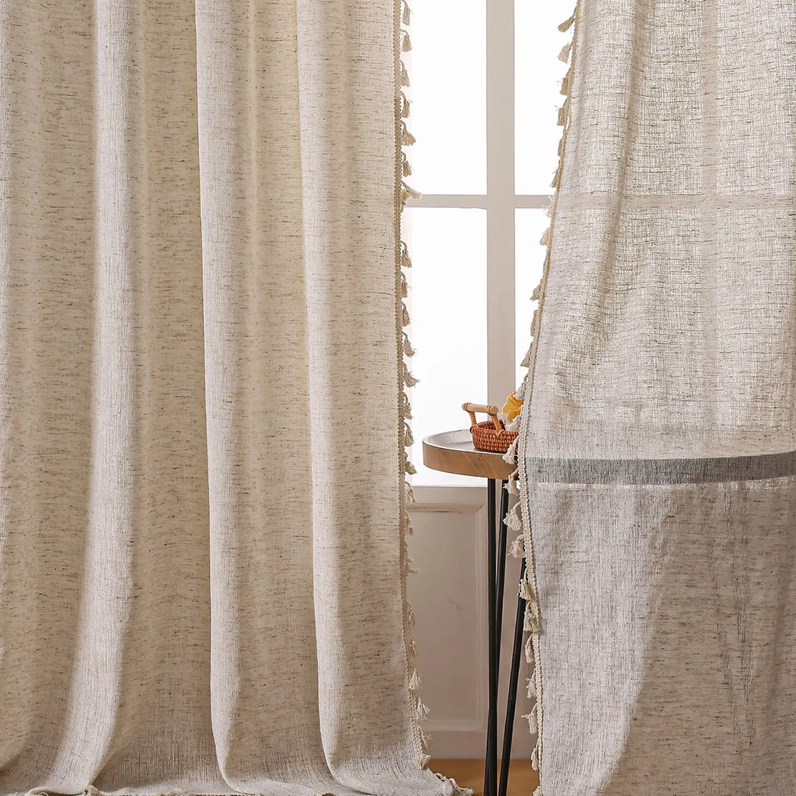 Linen Curtain Eyelet - Halbverdunkelungsvorhänge aus Boho-Leinen, 1-teilig, mit Stangentasche,
