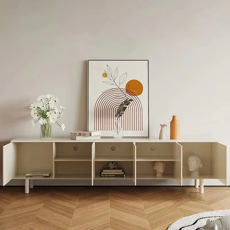 Interior Design White And Wood - Luxuriöser weißer TV-Ständer, elegante Aufbewahrung, einfaches