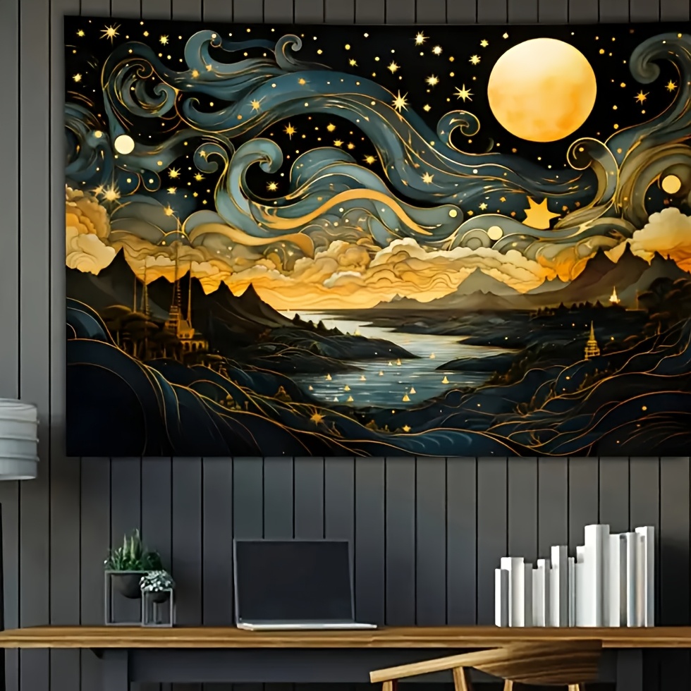 Interior Design Years Of School - Stern- und Mondlicht-Berg-Wandteppich – Großer Polyester-Wandteppich